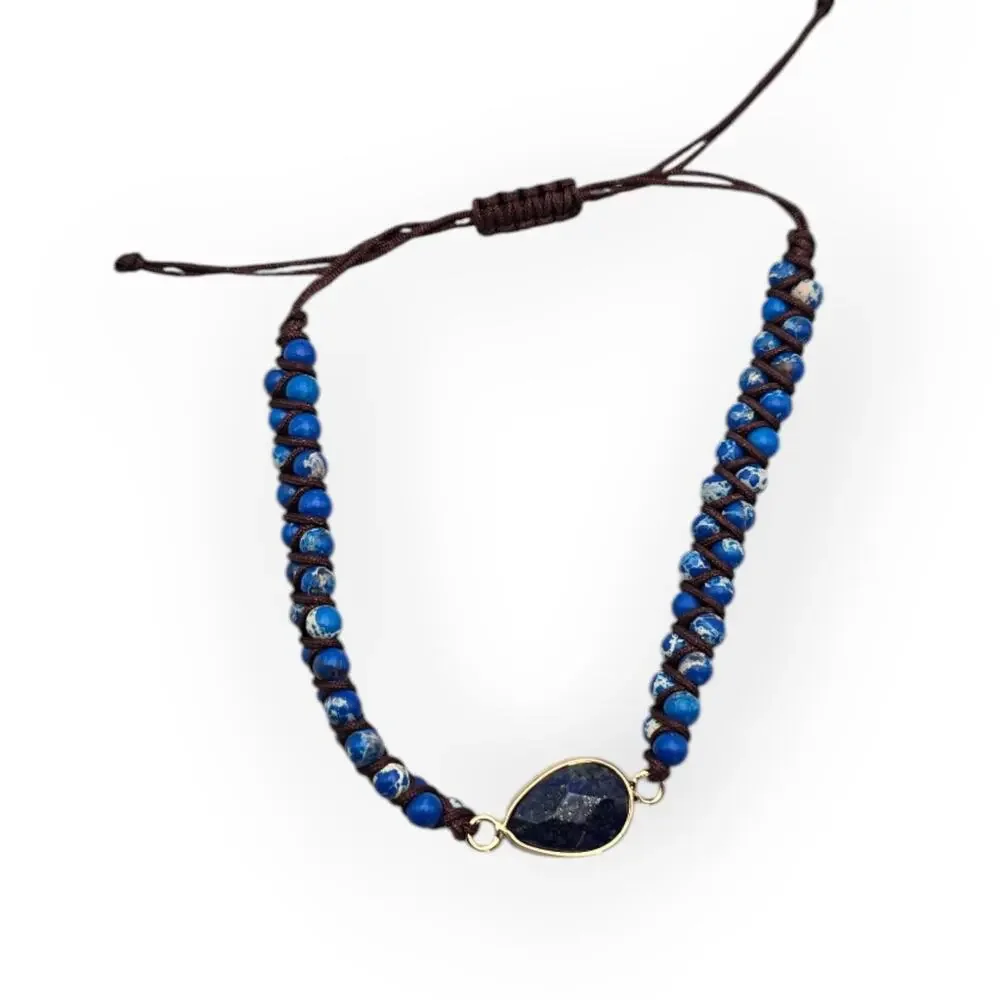 Boho Lapis Blue Beaded Macrame Bracelet – Adjustable Pull Tie Gold Tone Accent